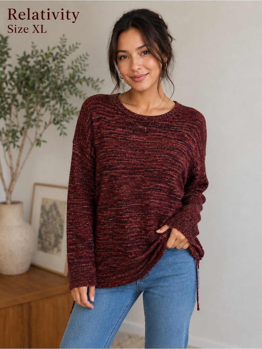 Relativity Marled Knit Sweater XL Rust Wine Lace-Up Sides Pullover NWT